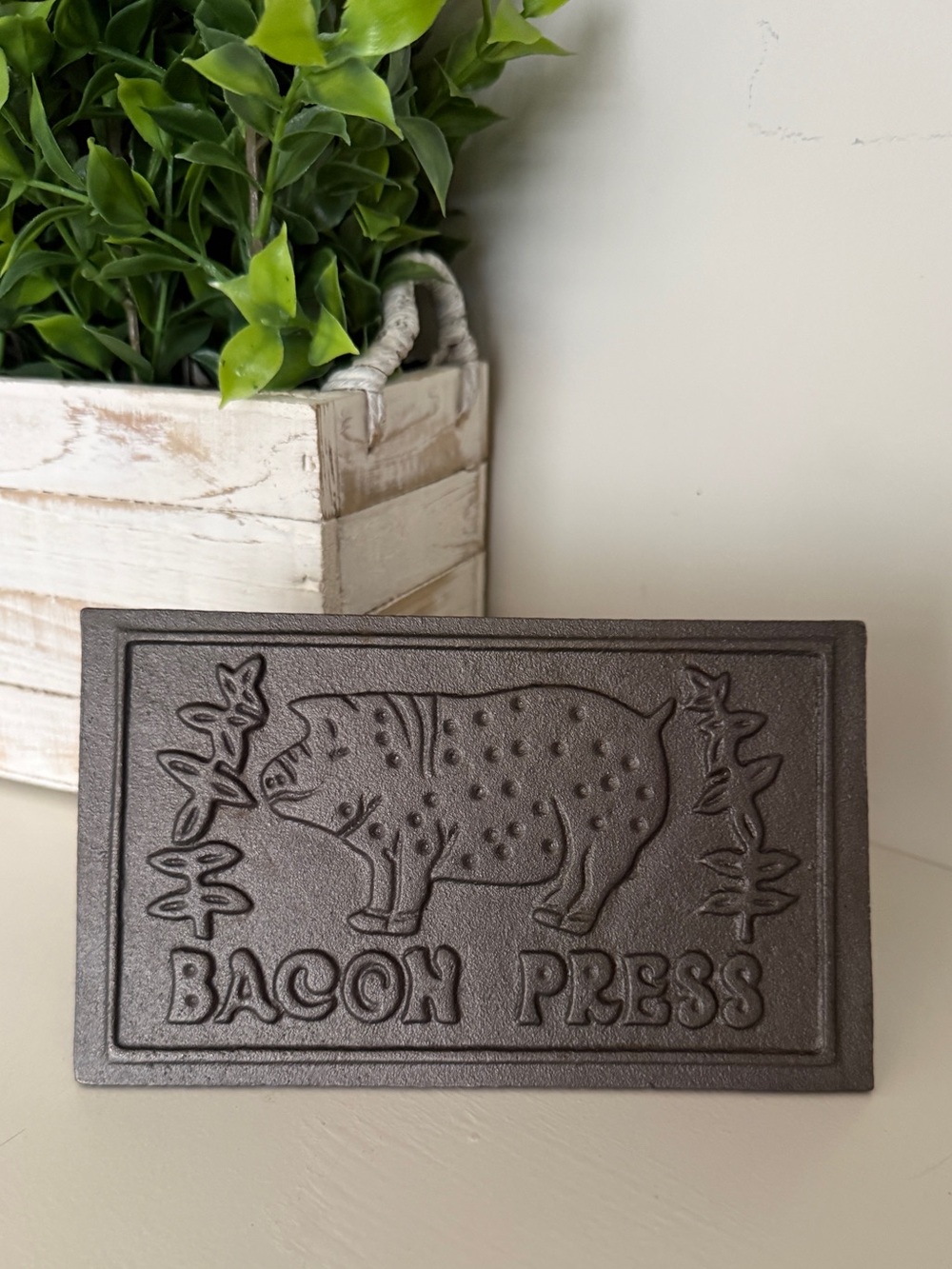 Cast Iron Bacon Press with Wood Handle & Pig Design 7” X 4” Vintage